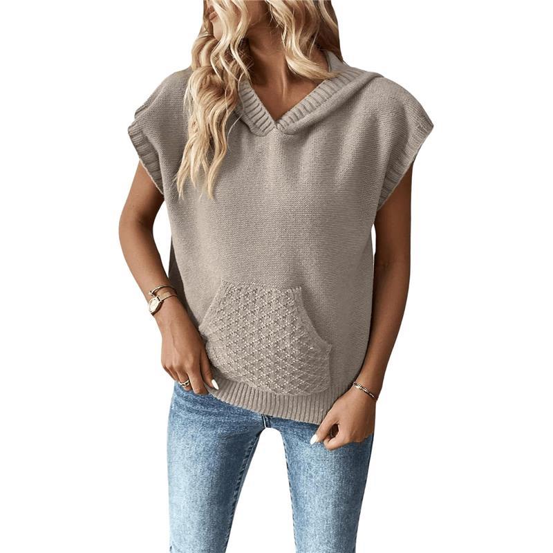 Women's Casual Kangaroo Pocket Hooded Neck Cap Sleeve Solid Sweater Vest Fit Womenswear