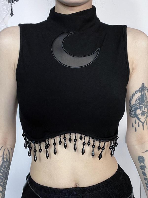 Women's Moon Design Fringe Trim Cut Out Crop Top, Punk Fashion Casual Contrast Mesh Sleeveless Top for Daily Outdoor Wear, Women Clothing for Fall