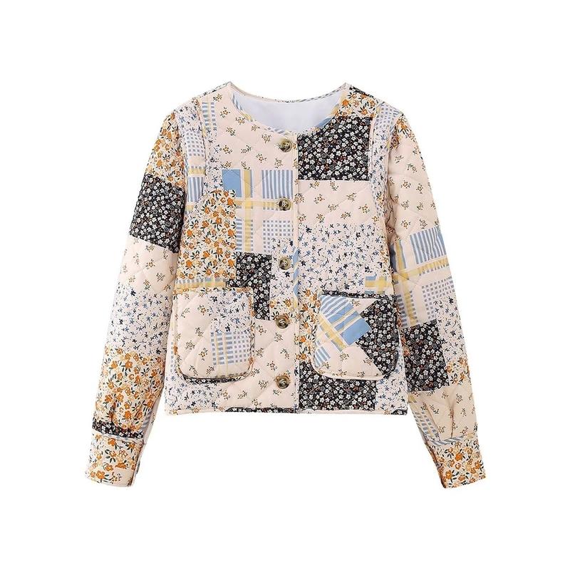 Women Floral Cropped Puffer Jacket Cardigan Long Sleeve Open Front Quilted Coat Patchwork Lightweight Padded Coat