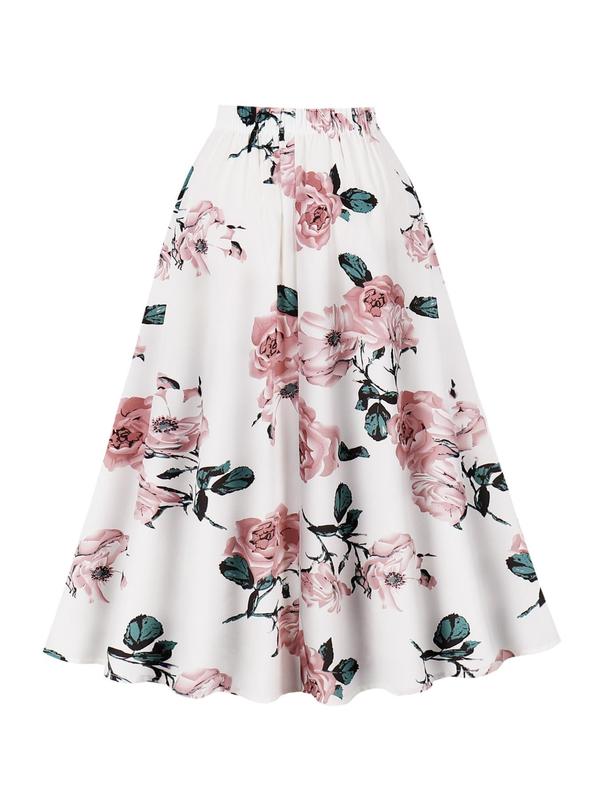Vintage Women's Floral Print Knot Front A Line Skirt, Casual Elegant High Waist Midi Skirt, Ladies Summer Clothes for Vacation Holiday Daily Wear