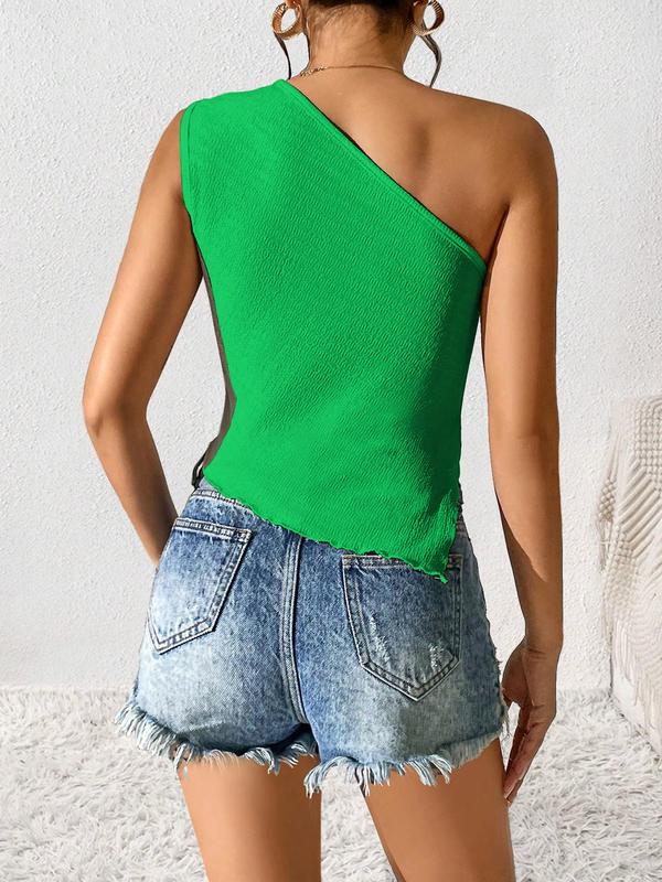 Women's Plain Lettuce Trim One Shoulder Tank Top, Casual Jacquard Asymmetrical Hem Top for Summer, Ladies Clothes for Daily Wear