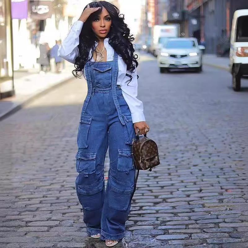 Spring and Autumn Street Fashion Youth Versatile Loose Multi-Pocket Suspender Jumpsuit Jeans