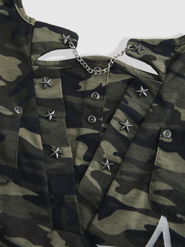 ROMWE Grunge Punk Y2K Vintage Punk Rivet Camouflage Chain Pentagram English Pendant Women Tank Top