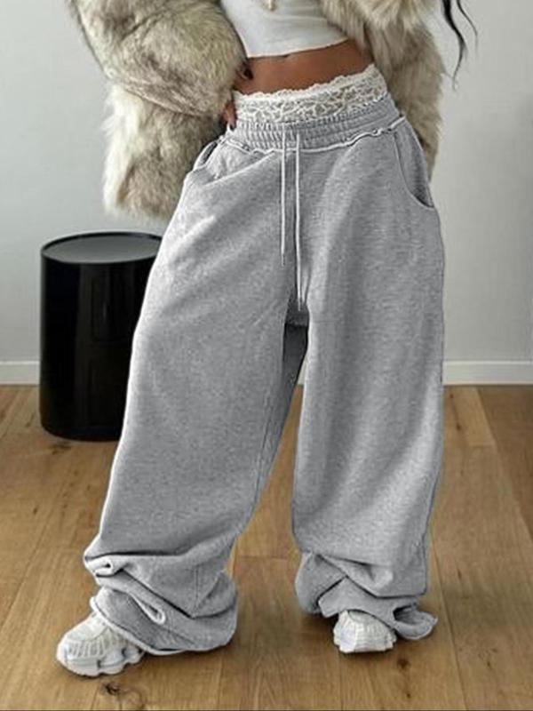 Women's Plain Drawstring Waist Wide Leg Sweatpants, Street Fashion Casual Pocket Trousers for Daily Wear, Ladies Bottoms for All Seasons