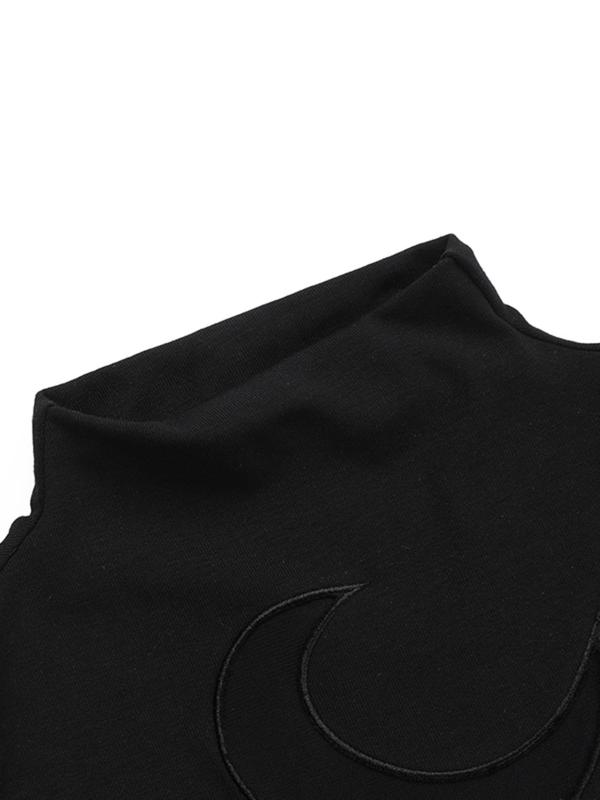 Women's Moon Design Fringe Trim Cut Out Crop Top, Punk Fashion Casual Contrast Mesh Sleeveless Top for Daily Outdoor Wear, Women Clothing for Fall