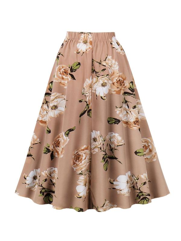 Vintage Women's Floral Print Knot Front A Line Skirt, Casual Elegant High Waist Midi Skirt, Ladies Summer Clothes for Vacation Holiday Daily Wear