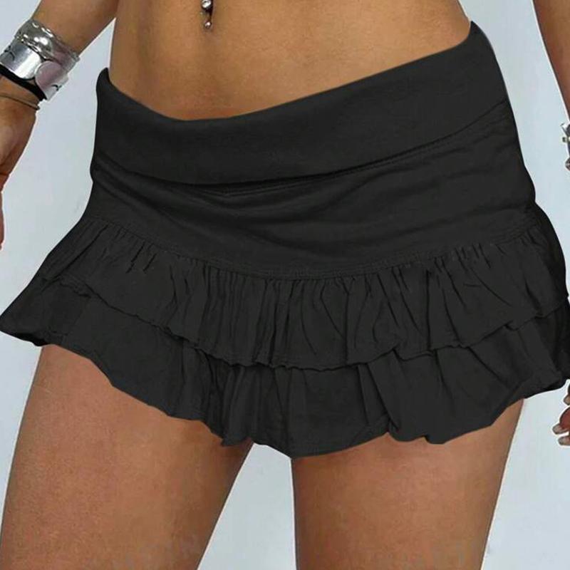 Women's Layered Ruffle Mini Skirts Casual Low Waist Solid Color A-Line Skirts Cute Summer Skirts skater  skirts lioness  skirt