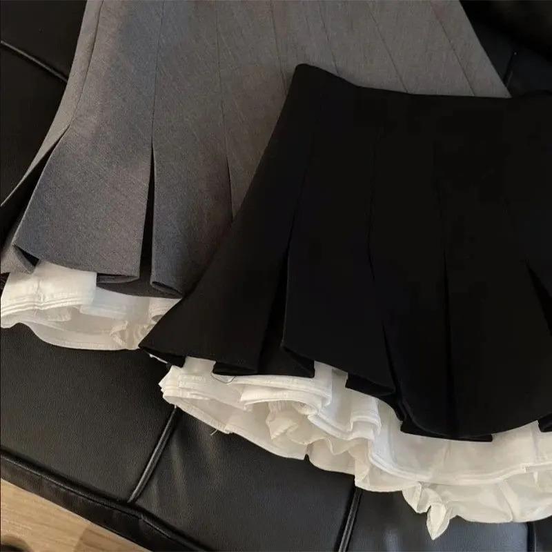 Ruffles Black Mini Skirt Women Korean Patchwork Pleated Skirts Japanese Kawaii High Waist All Match A Line Skirt New