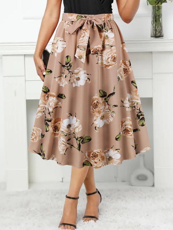 Vintage Women's Floral Print Knot Front A Line Skirt, Casual Elegant High Waist Midi Skirt, Ladies Summer Clothes for Vacation Holiday Daily Wear