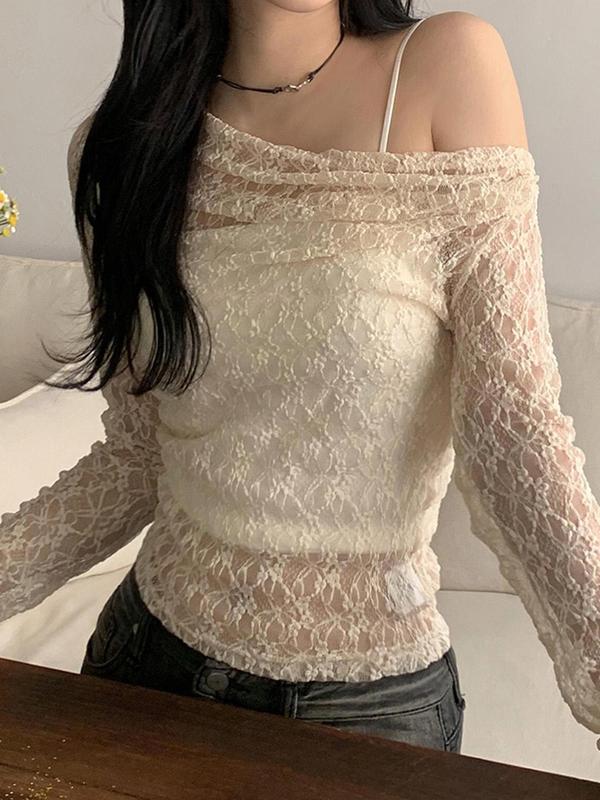 Women's Solid Off Shoulder Sheer Lace Tee, Trendy Casual Long Sleeve Top for Fall & Winter, Women's Clothing for Daily Wear