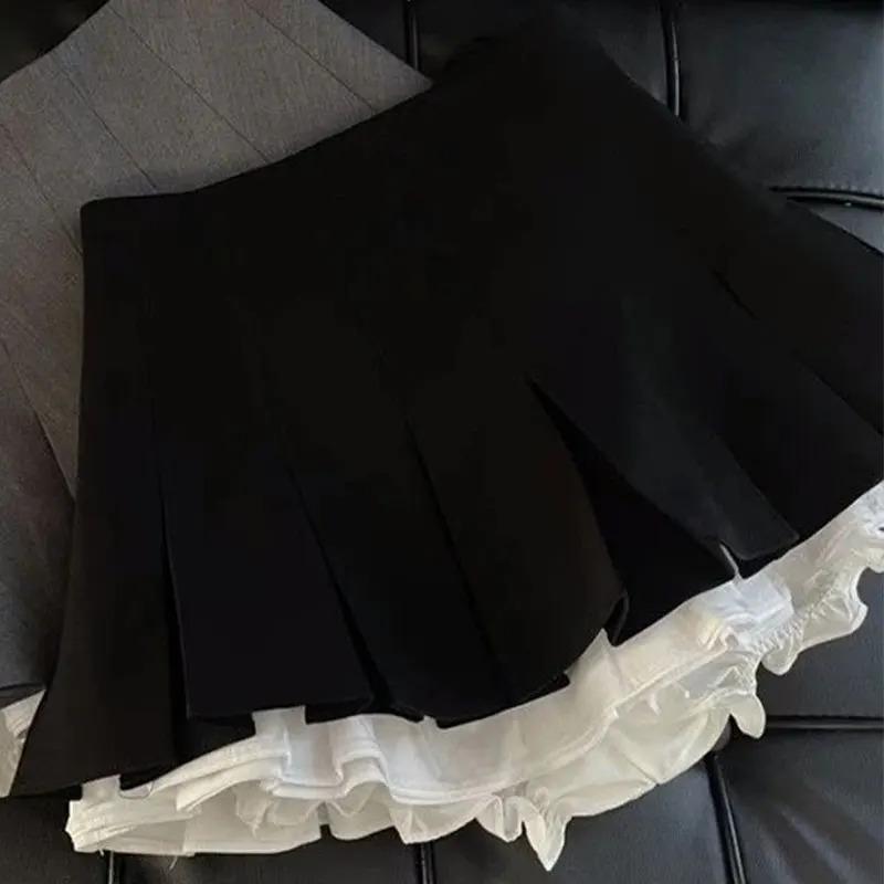 Ruffles Black Mini Skirt Women Korean Patchwork Pleated Skirts Japanese Kawaii High Waist All Match A Line Skirt New