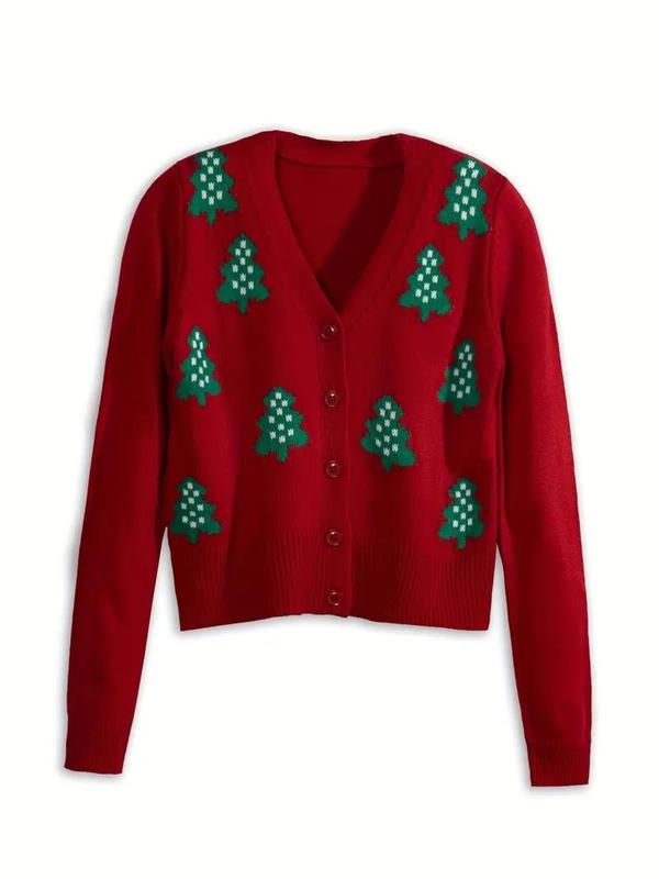 Women's Christmas Tree Print Button Front Cardigan, Casual Long Sleeve V Neck Knitwear for Spring & Fall, Fashion Women's Knit Clothing for Daily Wear