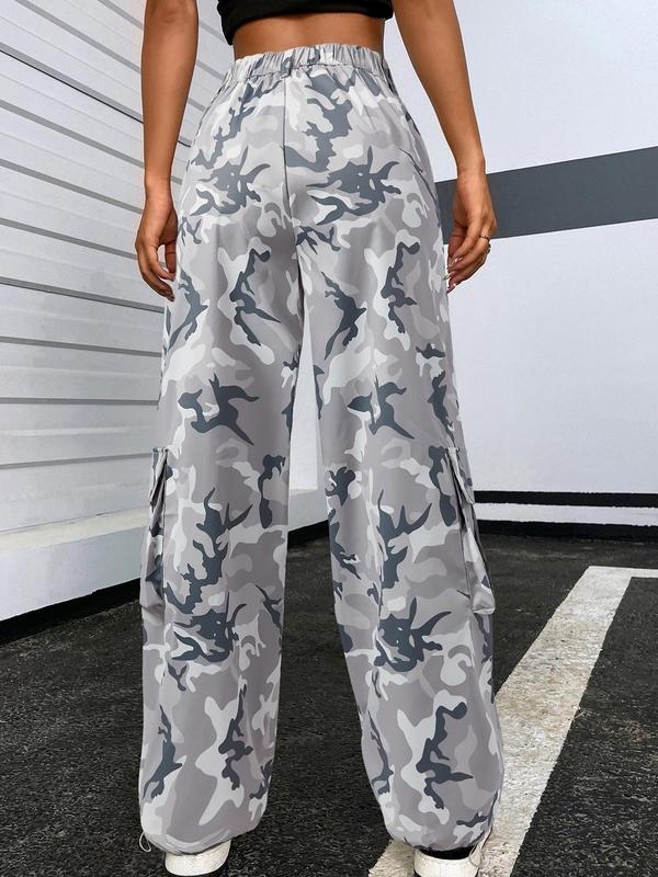 Women's Camo Print High Waist Drawstring Hem Cargo Pants, Casual Flap Pocket Button Wide Leg Trousers for Spring & Fall, Women's Bottoms for Daily Wear