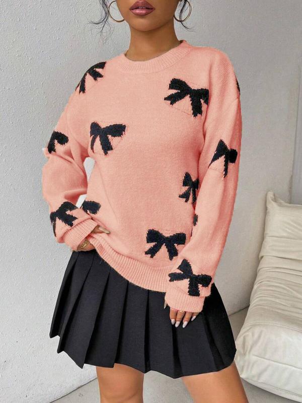 Women's Bow Print Drop Shoulder Sweater, Casual Long Sleeve Round Neck Jumper for Fall & Winter, Fashion Ladies' Knitwear for Daily Wear