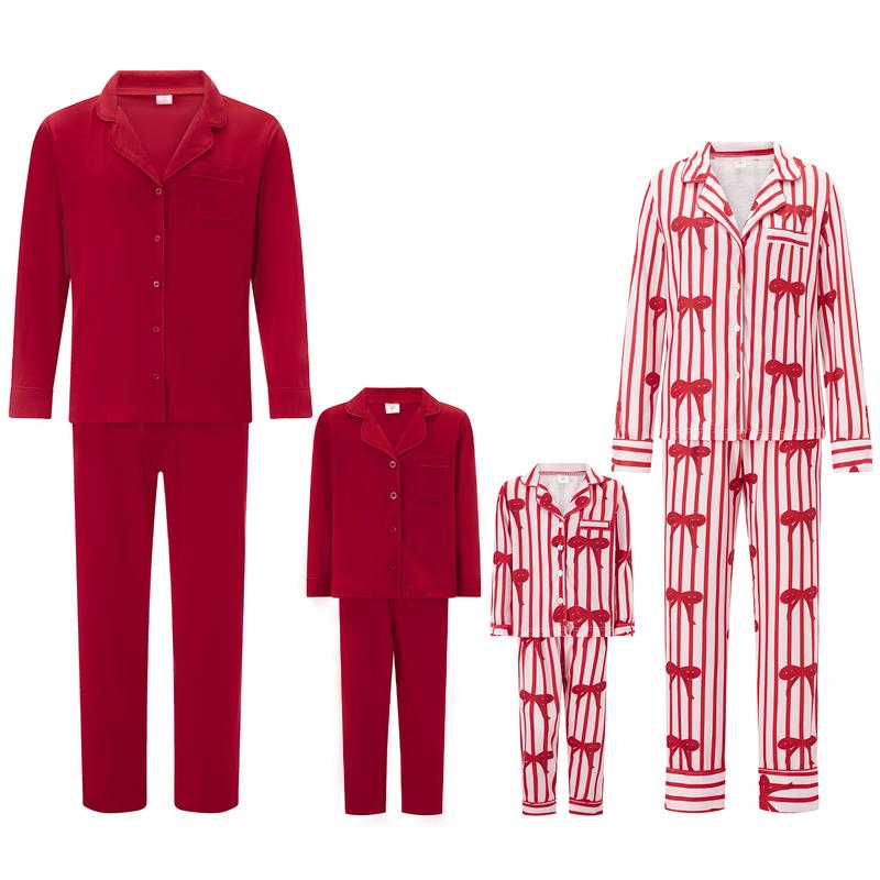 Family Pjs Matching Sets Lapel Neck Button-up Long Sleeve Tops Long Pants Sets Couples Christmas Holiday Jammies