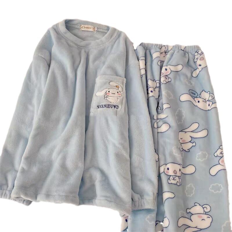 Cinnamoroll Pajamas Kawaii  Flannel Pullover Coral Velvet Winter Warm Pajamas Homewear Girl Gifts