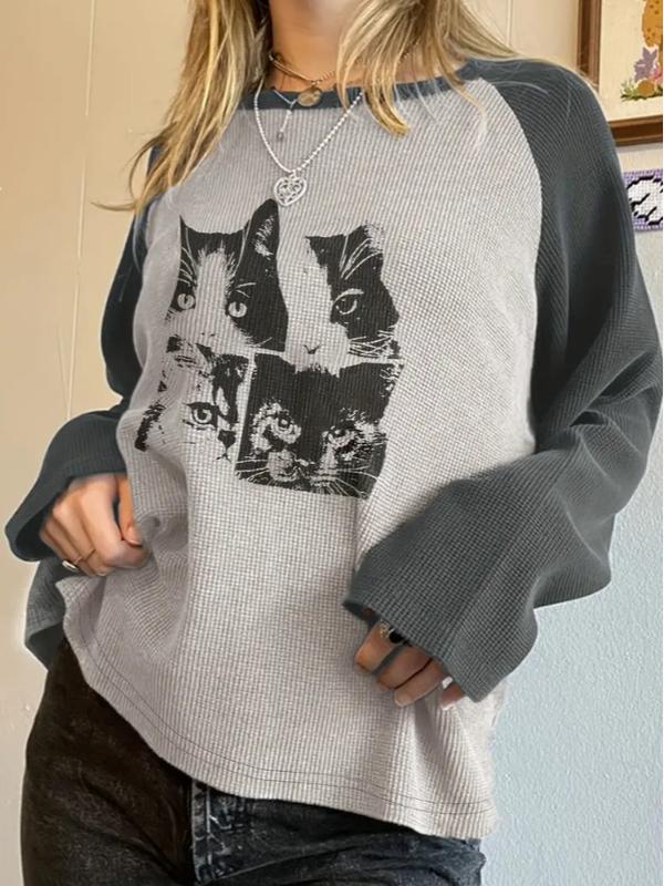 Women's Cat Print Colorblock Long Raglan Sleeve Pullover, Cute Sweater, Knitwear, Comfort Casual Womenswear Comfortable