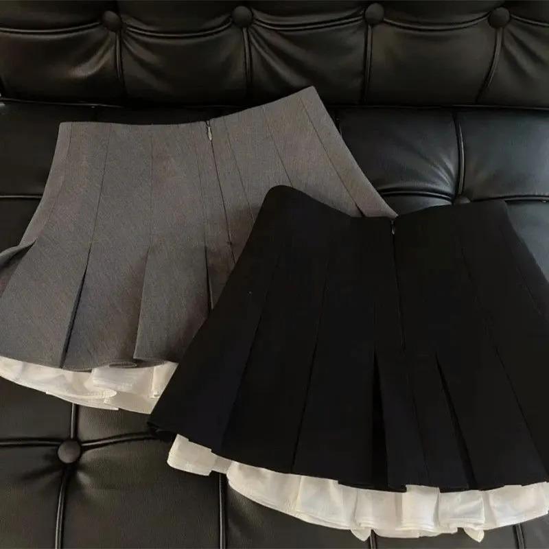 Ruffles Black Mini Skirt Women Korean Patchwork Pleated Skirts Japanese Kawaii High Waist All Match A Line Skirt New