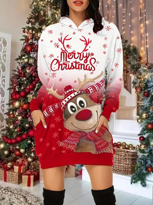 Women's Christmas Themed Drop Shoulder Pocket Hoodie Dress, Casual Long Sleeve Hooded Sweatshirt Dress for Daily Wear, Ladies Fall & Winter Clothes