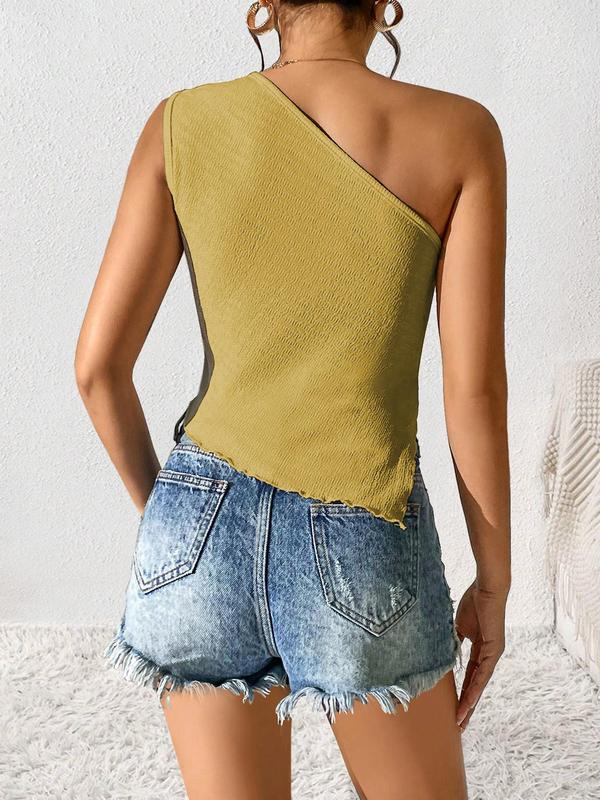 Women's Plain Lettuce Trim One Shoulder Tank Top, Casual Jacquard Asymmetrical Hem Top for Summer, Ladies Clothes for Daily Wear