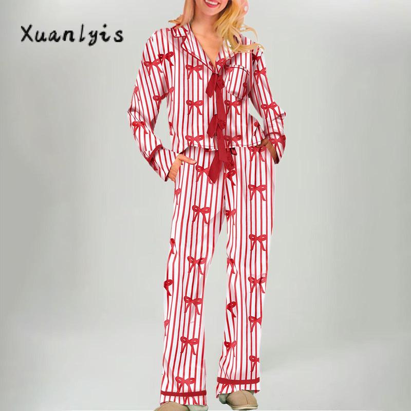 Women Pajamas Bow Heart Print Tie Front Long Sleeve Tops and Long Pants Set Family Matching Sleepwear Loungewear Womenswear