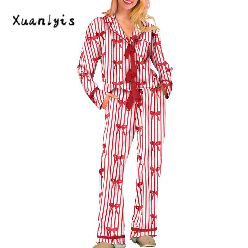 Women Pajamas Bow Heart Print Tie Front Long Sleeve Tops and Long Pants Set Family Matching Sleepwear Loungewear Womenswear