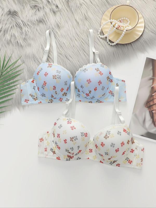 Women's 2pcs Graphic Adjustable Strap Bow Contrast Lace Push Up Bra, Comfortable Breathable Underwire Lingerie Top For Daily Wear, Women's Underwear For All Seasons