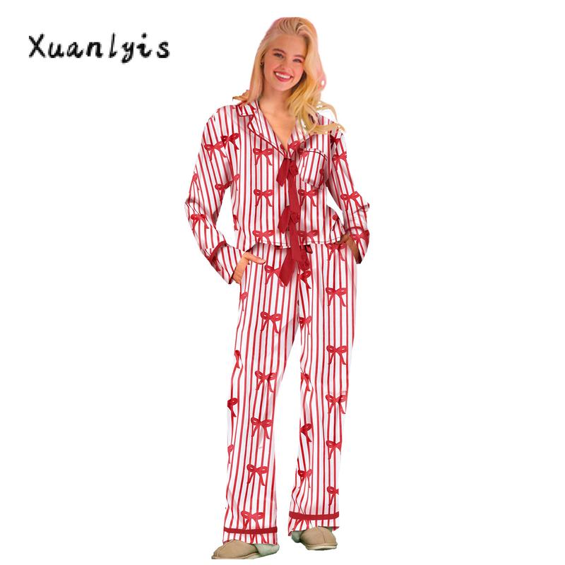 Women Pajamas Bow Heart Print Tie Front Long Sleeve Tops and Long Pants Set Family Matching Sleepwear Loungewear Womenswear