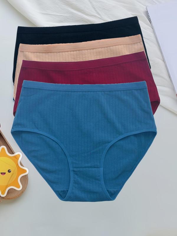 Women's 4pcs Basic Solid High Waist Knicker, Breathable Comfortable High Rise Panty for Daily Wear, Women Underwear for All Seasons