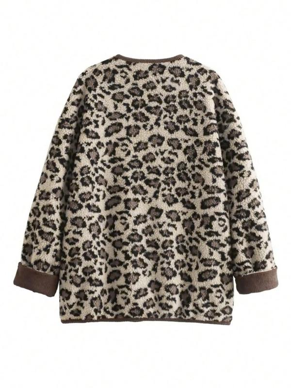 Women's Leopard Print Button Front Drop Shoulder Fuzzy Jacket, Casual Long Sleeve Pocket Outerwear for Fall & Winter, Ladies Clothes for Daily Wear