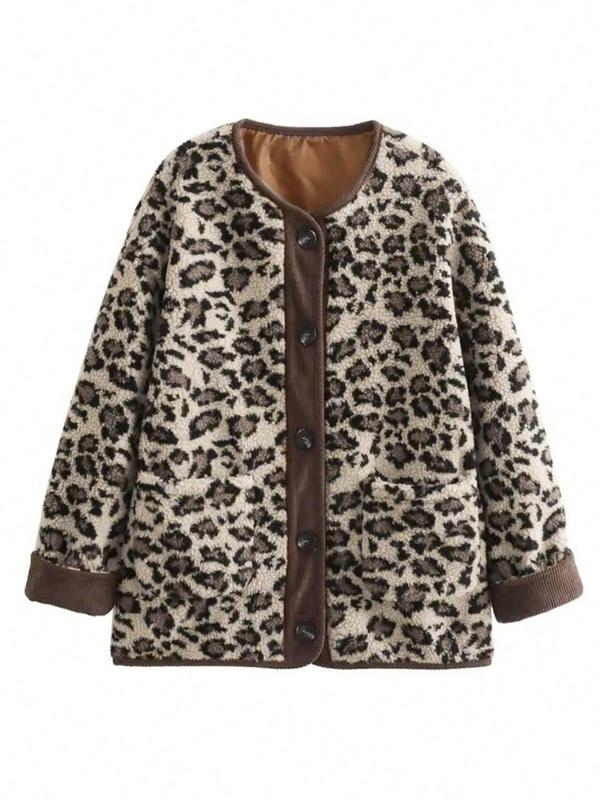 Women's Leopard Print Button Front Drop Shoulder Fuzzy Jacket, Casual Long Sleeve Pocket Outerwear for Fall & Winter, Ladies Clothes for Daily Wear