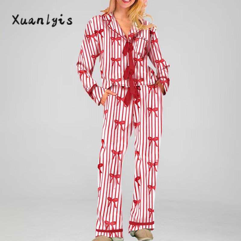 Women Pajamas Bow Heart Print Tie Front Long Sleeve Tops and Long Pants Set Family Matching Sleepwear Loungewear Womenswear