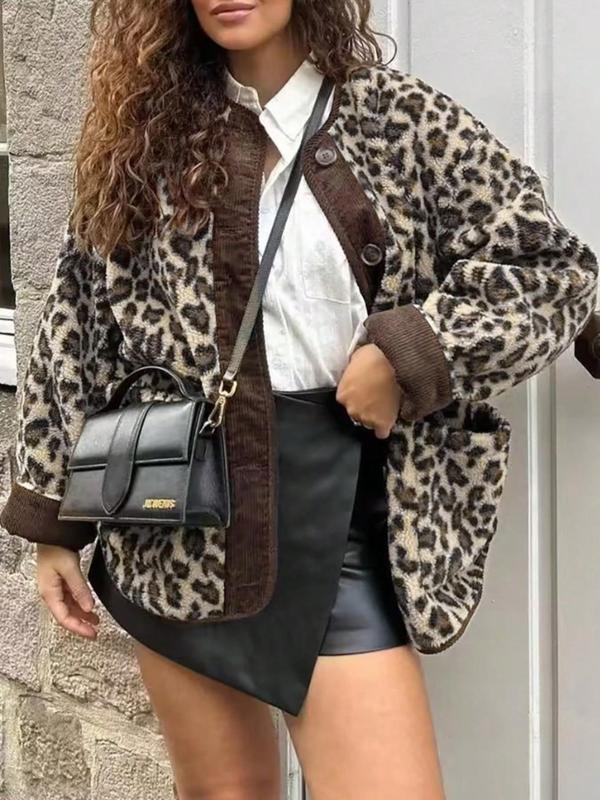 Women's Leopard Print Button Front Drop Shoulder Fuzzy Jacket, Casual Long Sleeve Pocket Outerwear for Fall & Winter, Ladies Clothes for Daily Wear