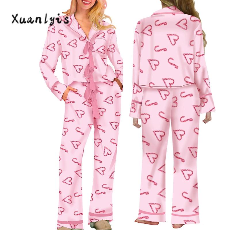 Women Pajamas Bow Heart Print Tie Front Long Sleeve Tops and Long Pants Set Family Matching Sleepwear Loungewear Womenswear