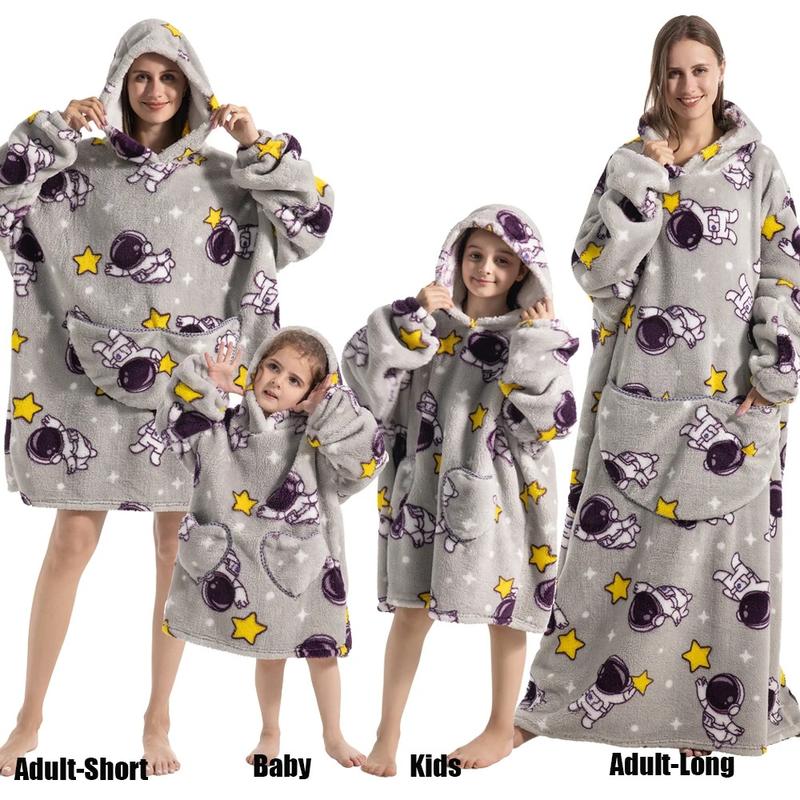 Flannel Hoodie Blanket Pajamas with Sleeves  - Winter Home Wear for Adults and Kids- Long and short- Womenswear, Menswear, kids, family, Sweatshirt blanket hoodie