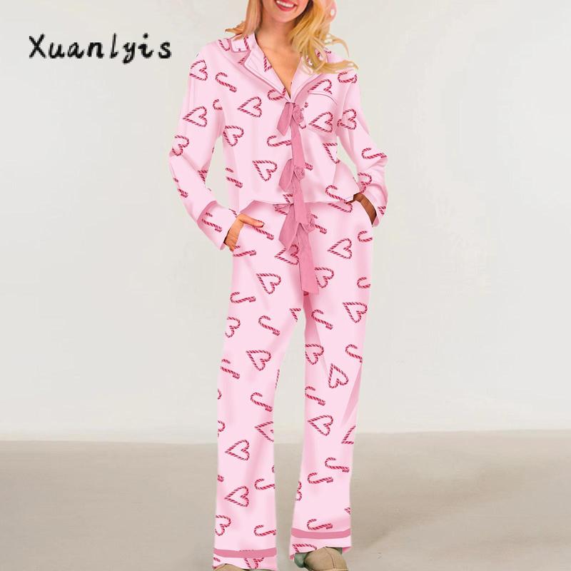 Women Pajamas Bow Heart Print Tie Front Long Sleeve Tops and Long Pants Set Family Matching Sleepwear Loungewear Womenswear