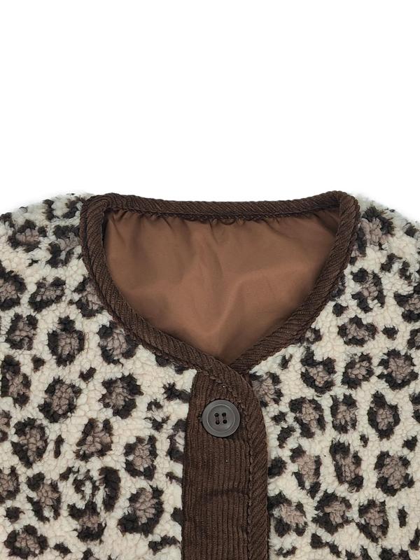 Women's Leopard Print Button Front Drop Shoulder Fuzzy Jacket, Casual Long Sleeve Pocket Outerwear for Fall & Winter, Ladies Clothes for Daily Wear