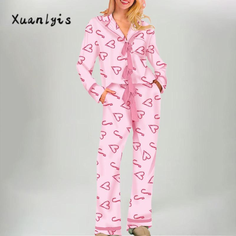 Women Pajamas Bow Heart Print Tie Front Long Sleeve Tops and Long Pants Set Family Matching Sleepwear Loungewear Womenswear