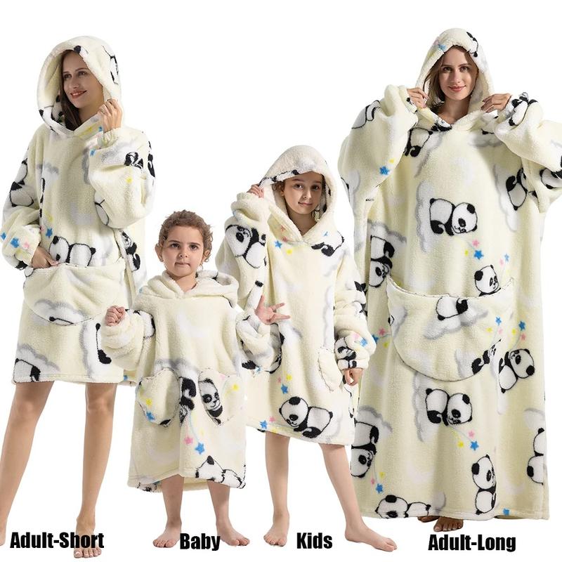 Flannel Hoodie Blanket Pajamas with Sleeves  - Winter Home Wear for Adults and Kids- Long and short- Womenswear, Menswear, kids, family, Sweatshirt blanket hoodie