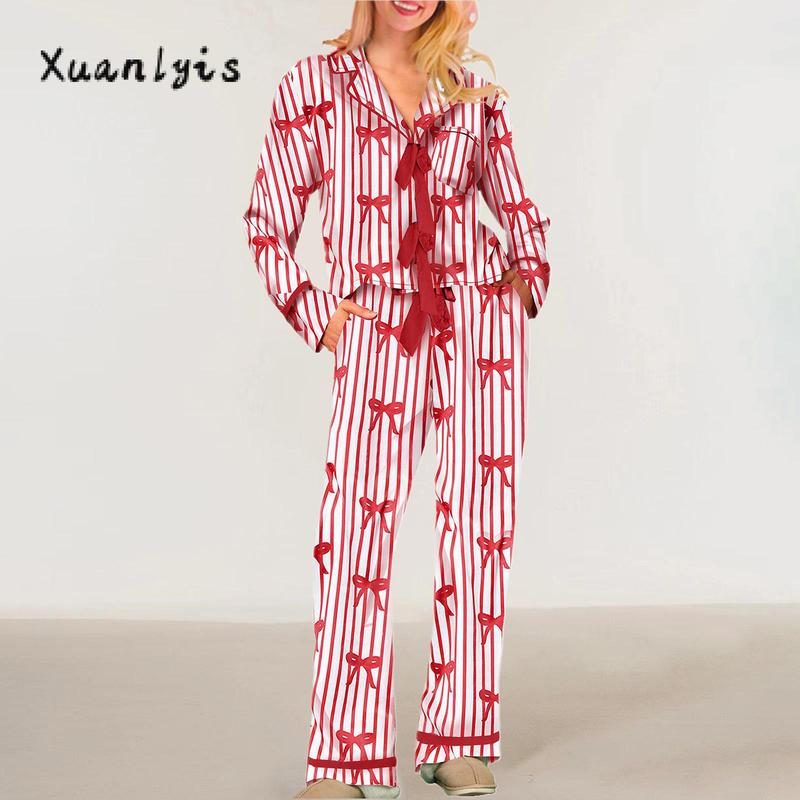 Women Pajamas Bow Heart Print Tie Front Long Sleeve Tops and Long Pants Set Family Matching Sleepwear Loungewear Womenswear