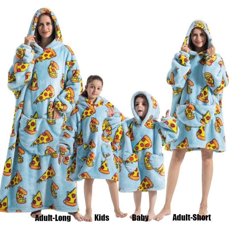 Flannel Hoodie Blanket Pajamas with Sleeves  - Winter Home Wear for Adults and Kids- Long and short- Womenswear, Menswear, kids, family, Sweatshirt blanket hoodie