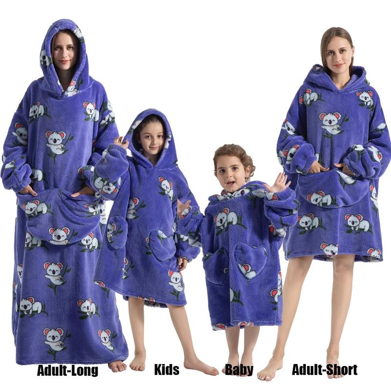 Flannel Hoodie Blanket Pajamas with Sleeves  - Winter Home Wear for Adults and Kids- Long and short- Womenswear, Menswear, kids, family, Sweatshirt blanket hoodie