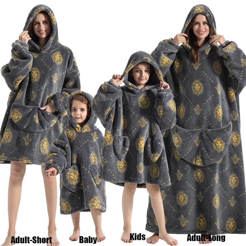 Flannel Hoodie Blanket Pajamas with Sleeves  - Winter Home Wear for Adults and Kids- Long and short- Womenswear, Menswear, kids, family, Sweatshirt blanket hoodie